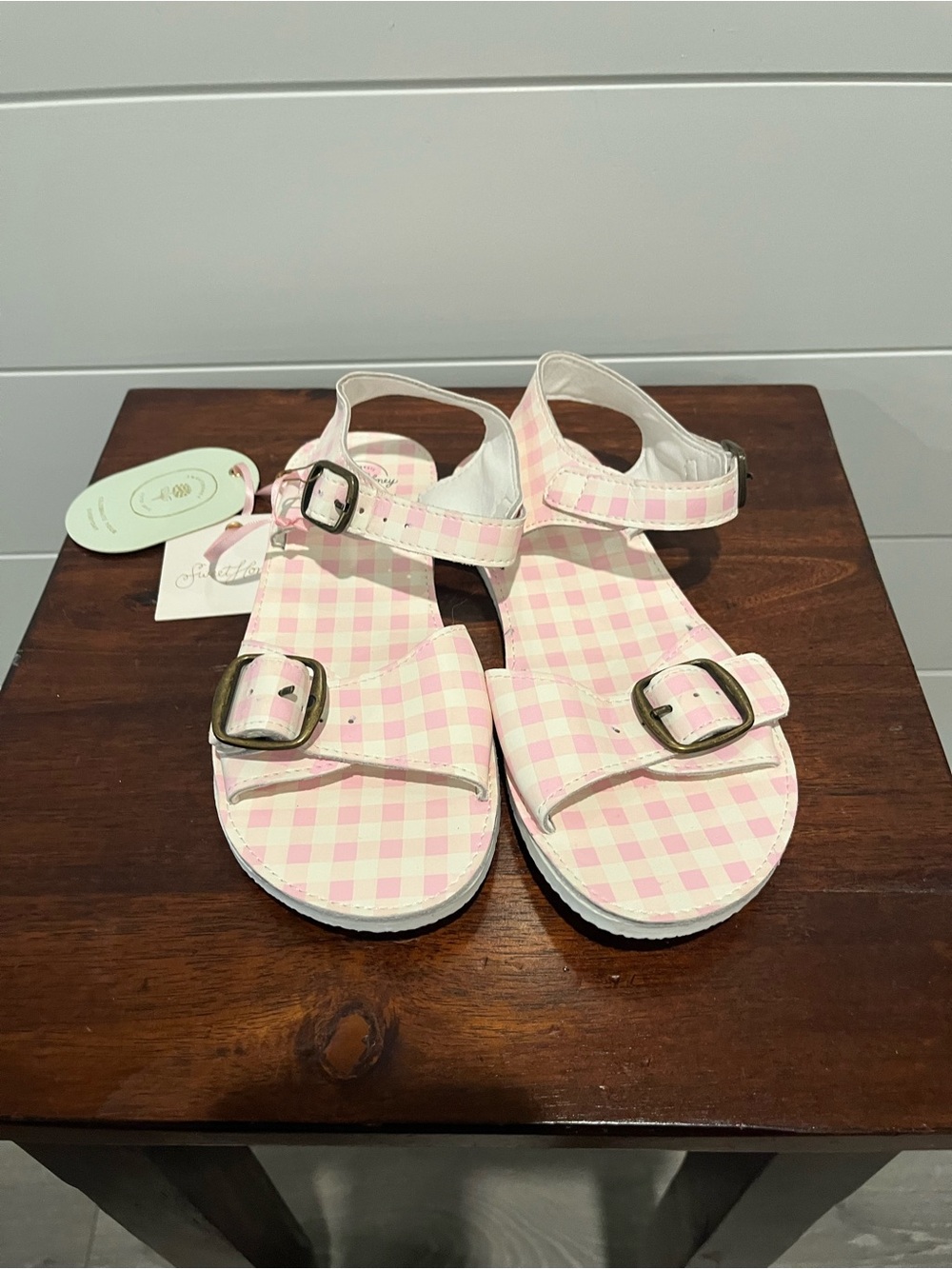 Sweet honey Pink & White Gingham Buckle Sandals